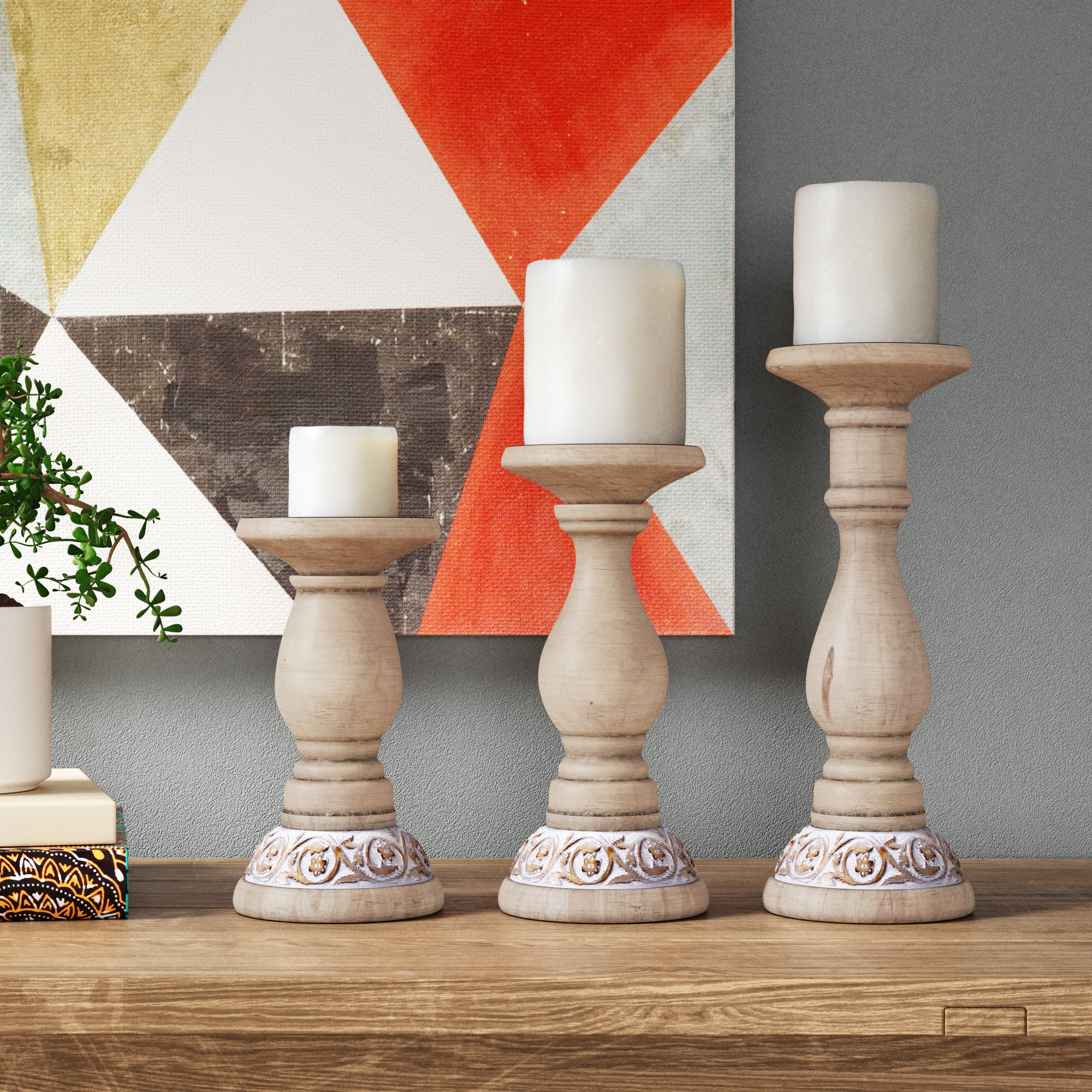 Langley Street Candlelight Lane 3 Piece Wood Tabletop Candlestick Set