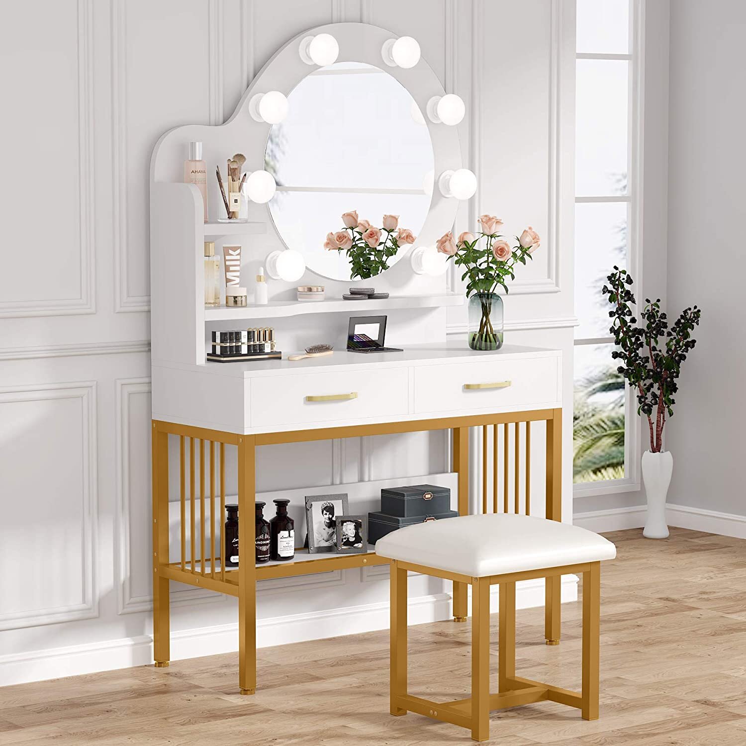 Everly Quinn Vanity Table Set With Lighted Mirror & Stool, Makeup Vanity  Dressing Table With 8 Lights, 2 Drawers Dressing Desk With Storage Shelves  For Bedroom, Gold Vanity Desk For Women Girls -