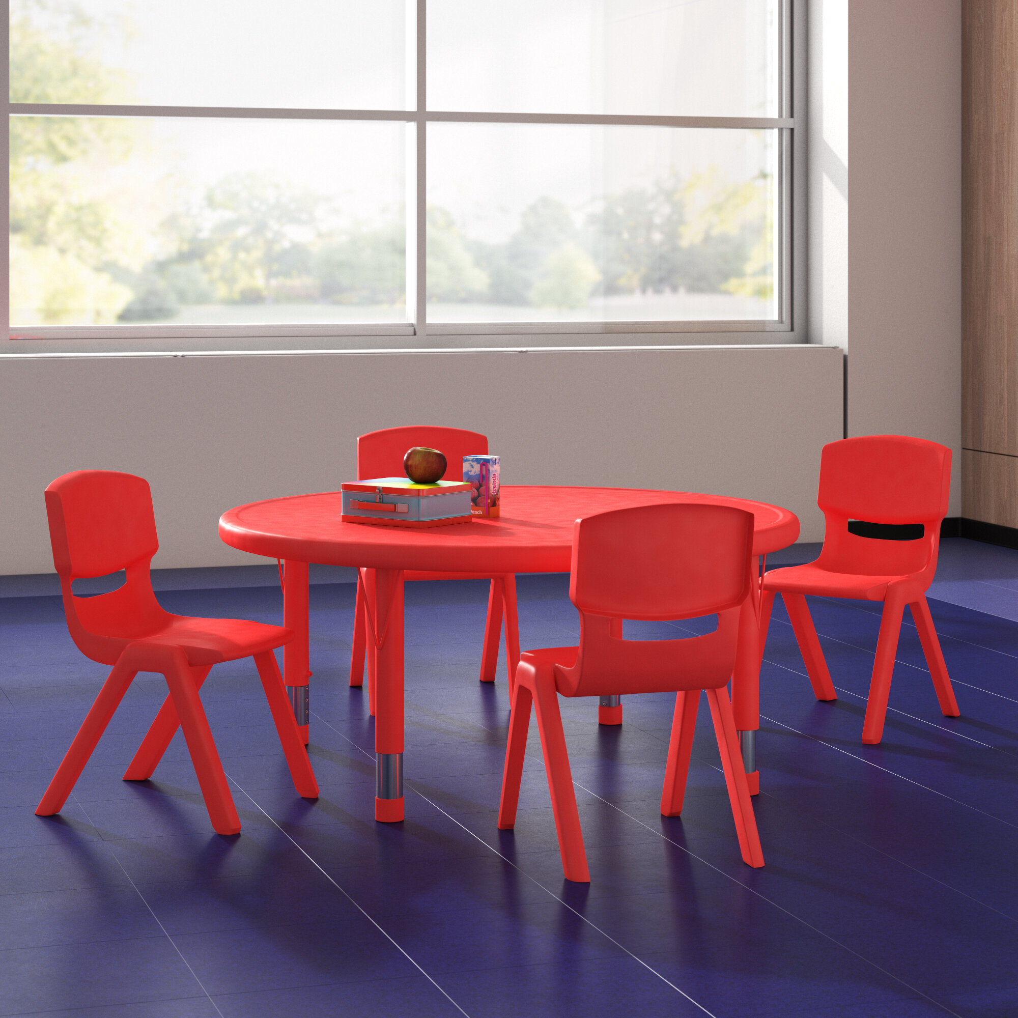33" Round Adjustable Red Plastic Activity Table Set w/4 School Stack Chairs NEW 