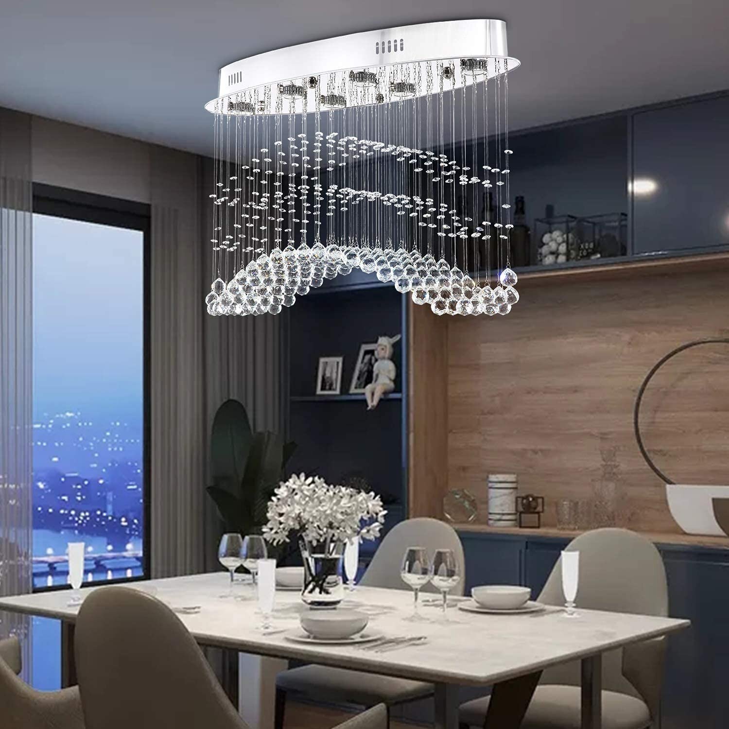 LED Crystal Oval Pendant Lamp LivingRoom DIY Chandelier Ceiling Fixture Lighting 