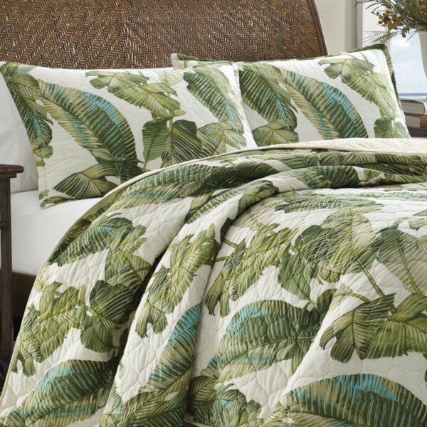 Palm Tree Quilted Bedspread & Pillow Shams Set Tropic Island Sunset Print 