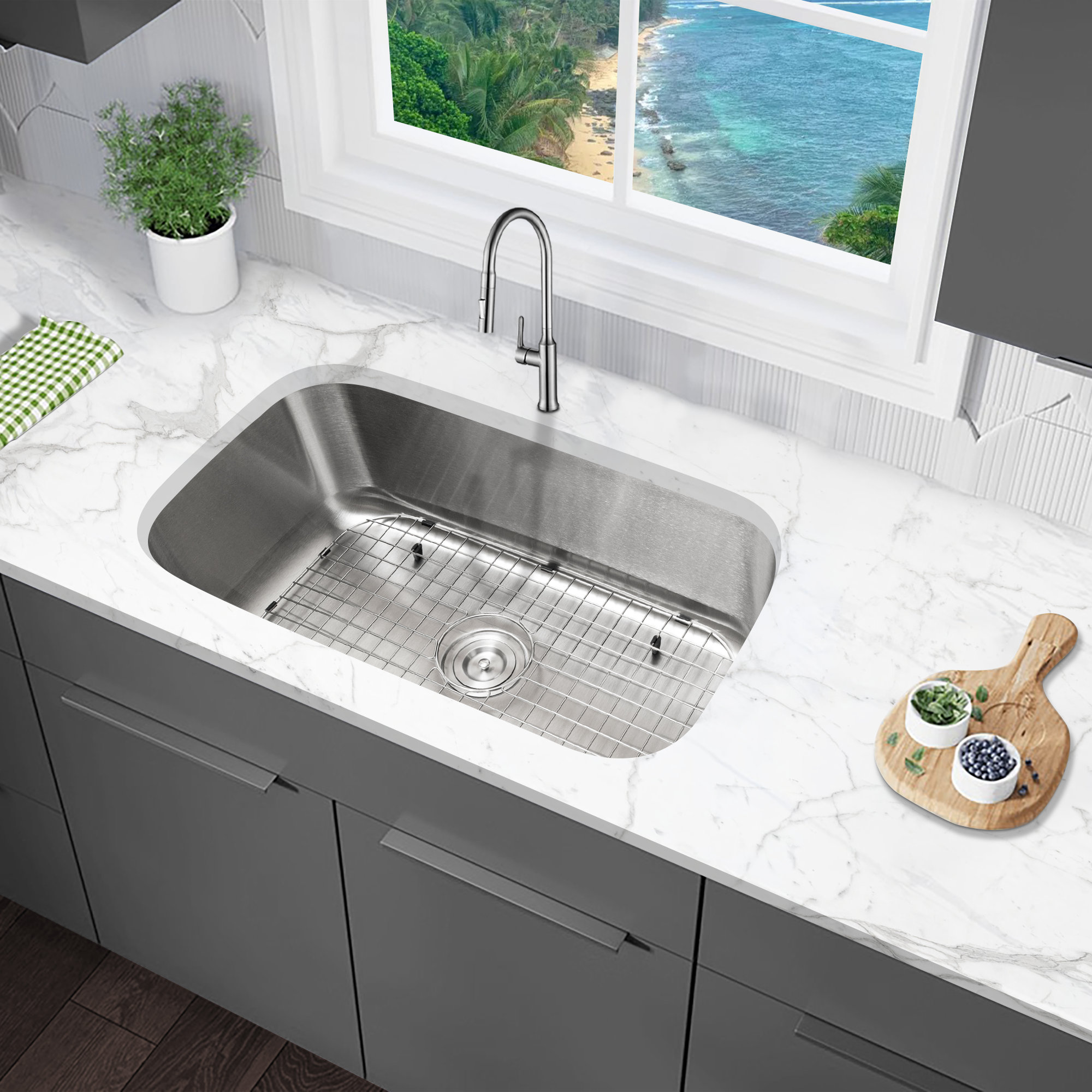 KBFmore 30 Inch Single Bowl Undermount Swirl Finish Classic Kitchen Sink with 3 Pieces ...
