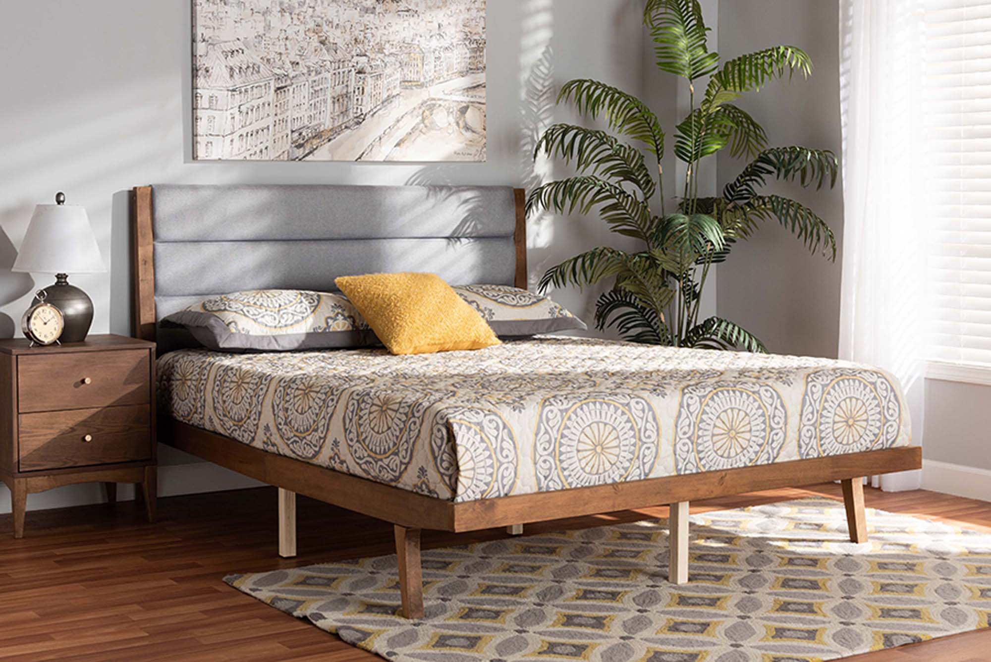 Corrigan Studio® Bristol Grey Fabric Upholstered And Walnut Brown Finished Wood Queen Size