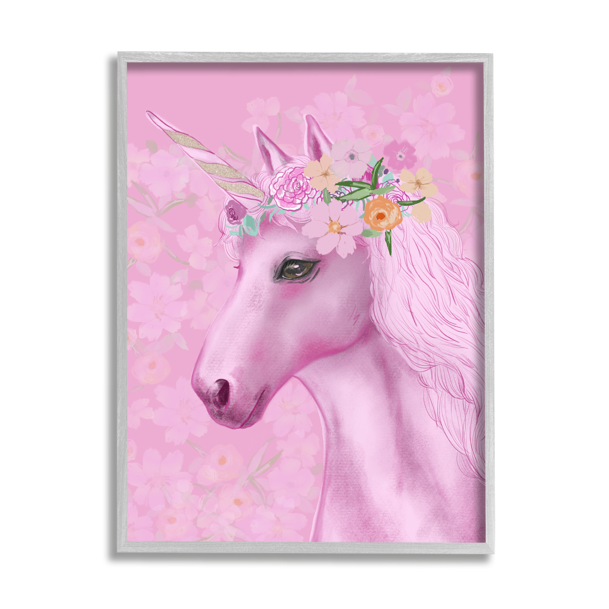 Stupell Industries Floral Pink Unicorn Adorable Mythical Creature by