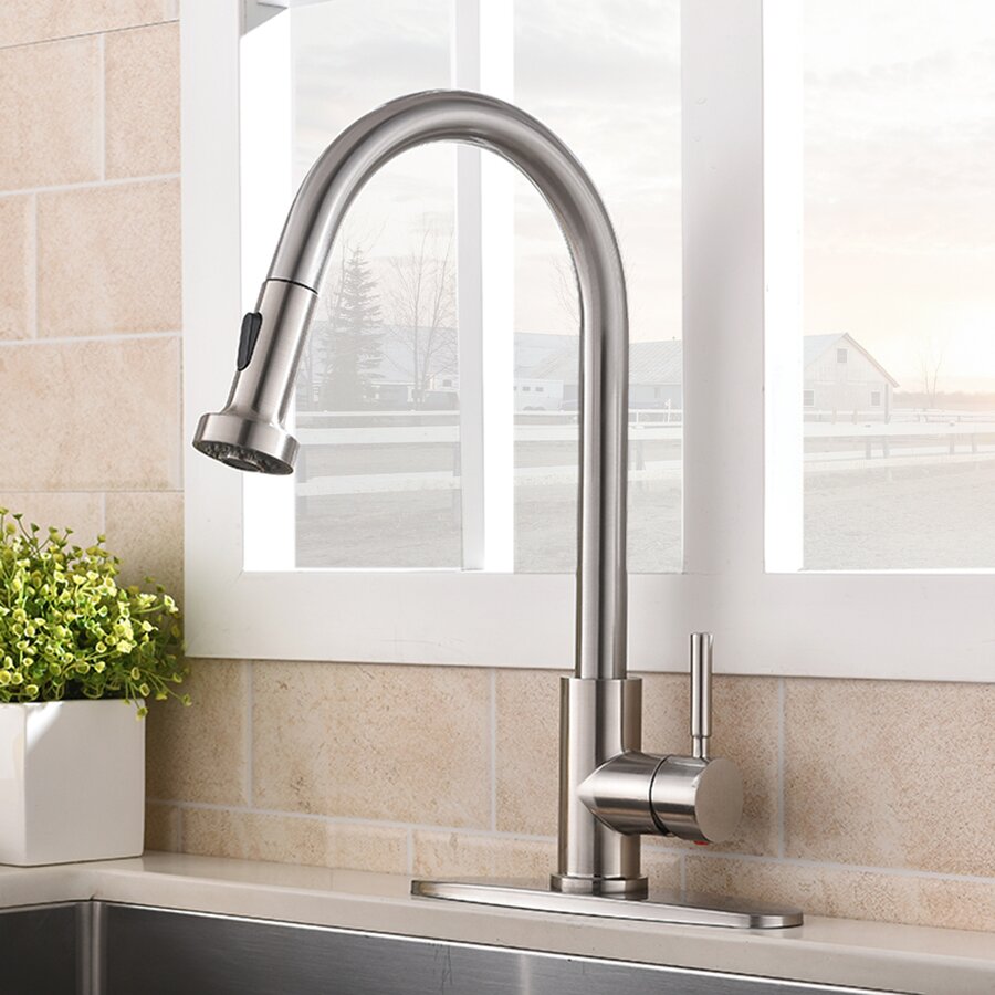 Modern Brushed Nickel Pull Down Single Handle Kitchen Faucets With Supply Lines and Deck Plate