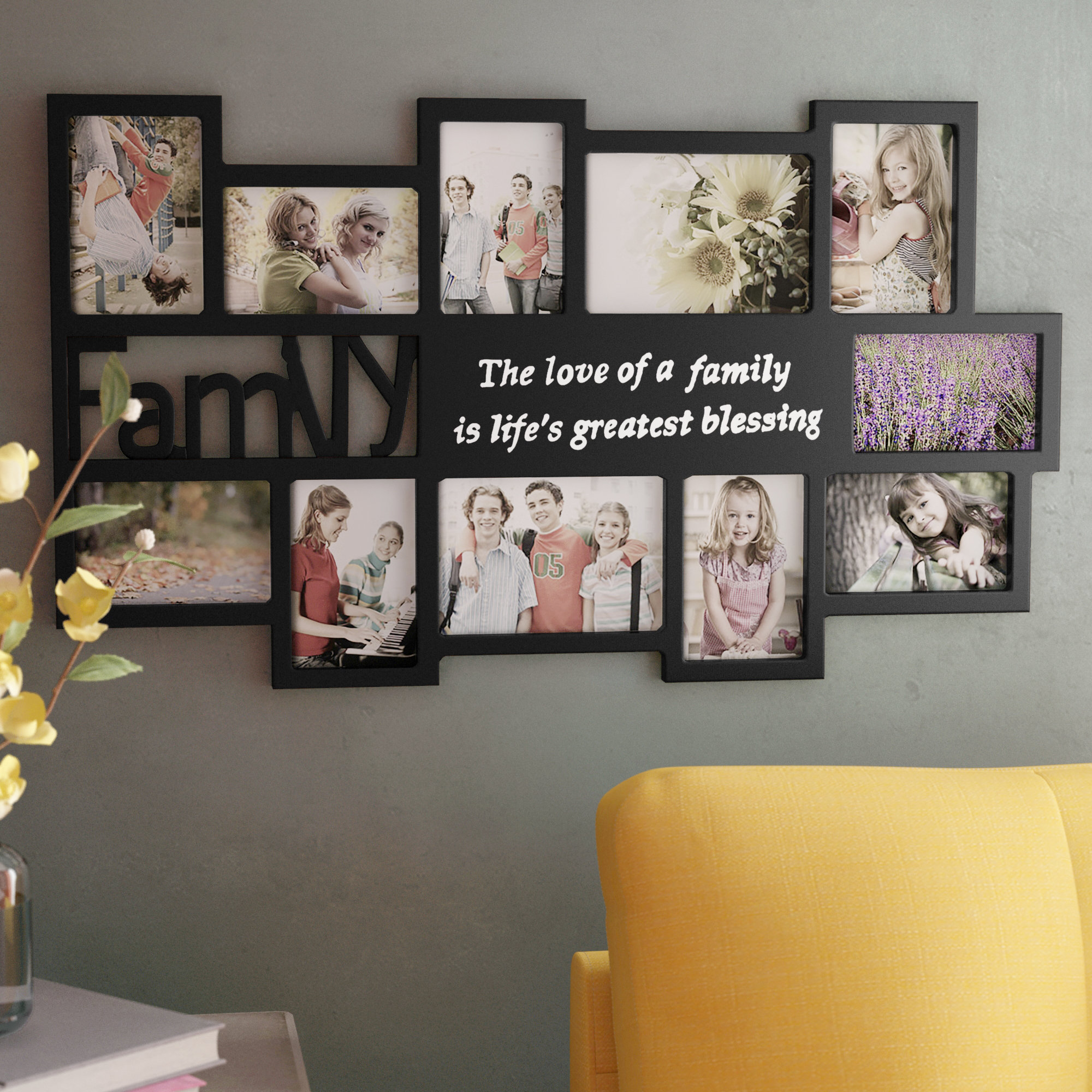 Family Rustic Wood Collage Photo Frame  Brass Letters  Holds 2  6" x 4" Photos 