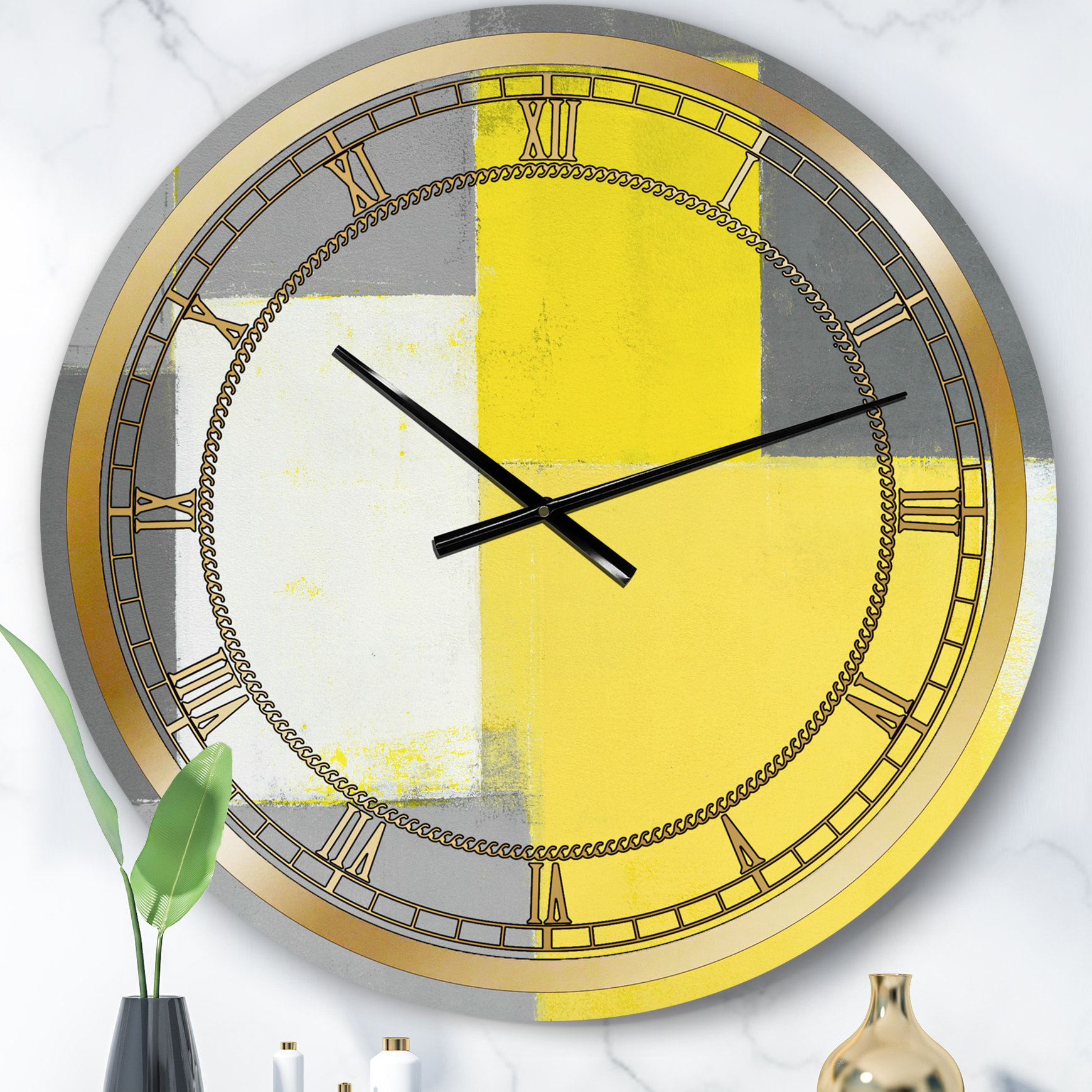 East Urban Home Gray and Yellow Blue Abstract VII Modern wall clock