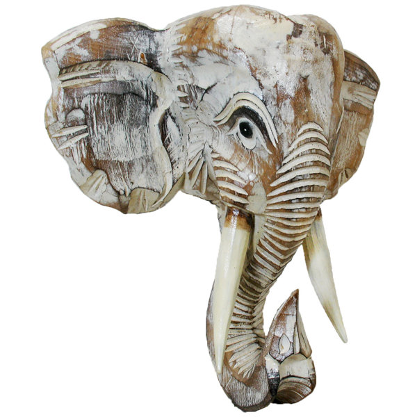 8.5” Natural Wood Carved lucky Elephant head Wall Hanging Sculpture Home Dec Art 