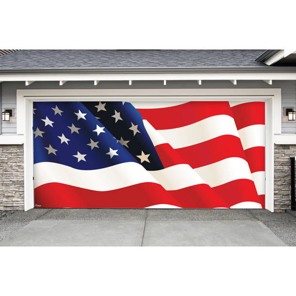 Gehucoxee Red Blue White Fireworks Garage Door Cover Decorations 7x16 Ft, 4th Of July Classic Black Decorative Garage Door Banner, Large Outdoor Garage Hanging Backdrop Mural For Party/Holiday