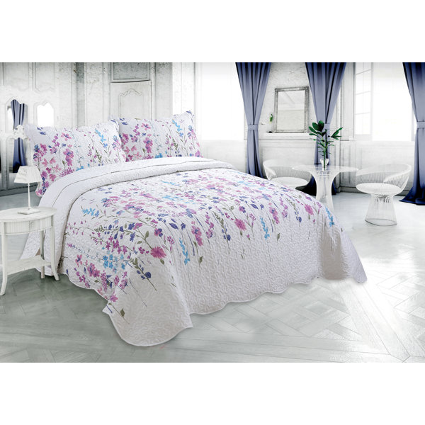 6pc Purple Grey & White Floral Reversible Coverlet Quilt Set AND Decorative Pill 