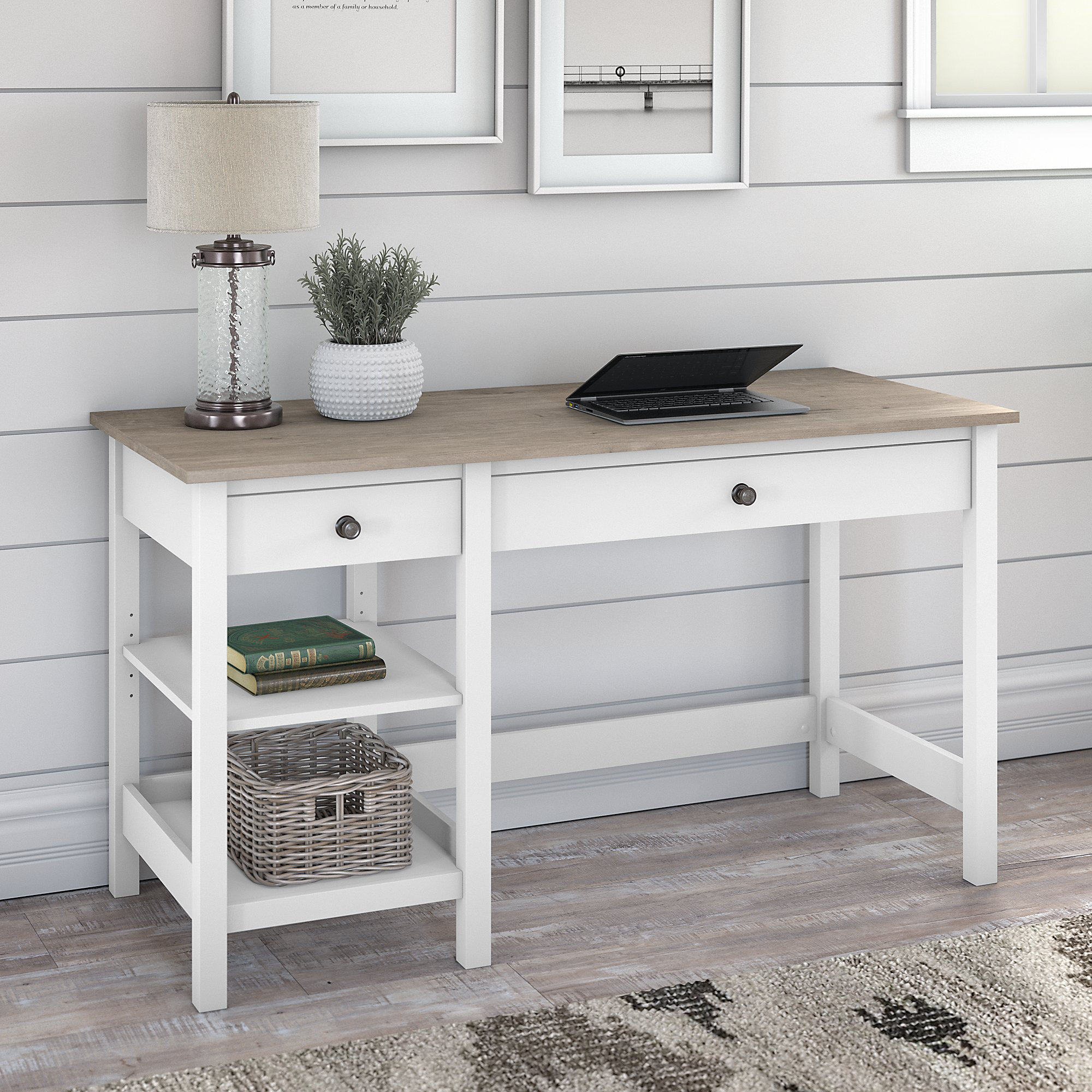 Lark Manor Adio 54W Computer Desk with Shelves In Pure White and