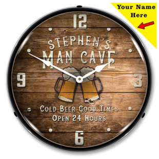 MAN CAVE BEER O’CLOCK GREEN GREY WHITE ROUND GLASS WALL CLOCK 30 X 30 X 1CM 