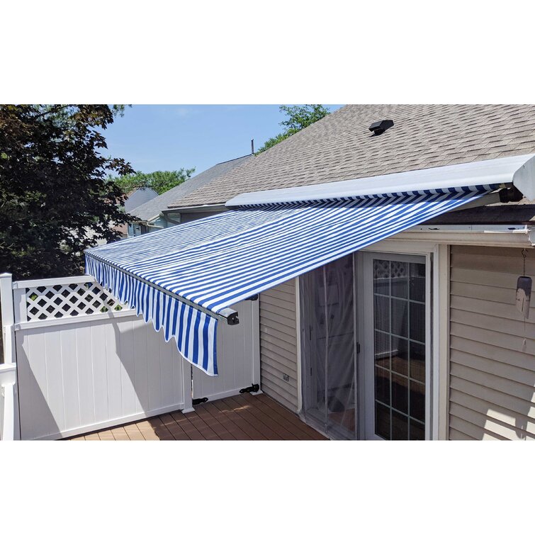 ALEKO Retractable Patio Awning 10 X 8 Ft Deck Sunshade Blue and White Stripe 