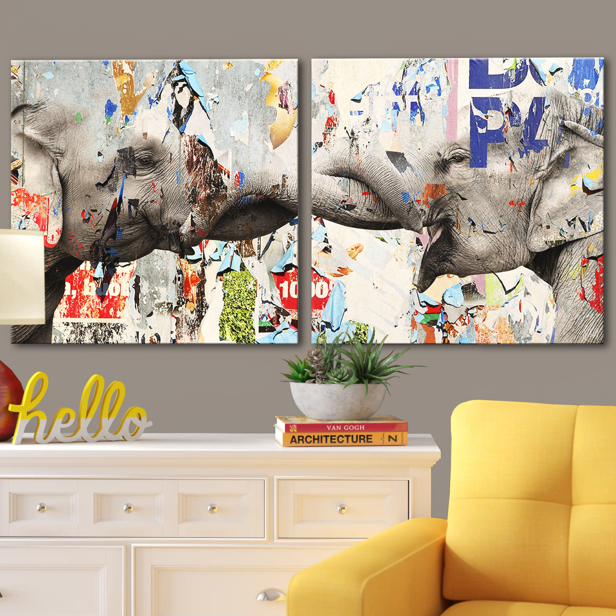Large 20cm Square Canvas Wall Art Painting Picture Elephant Hanging Ornament 