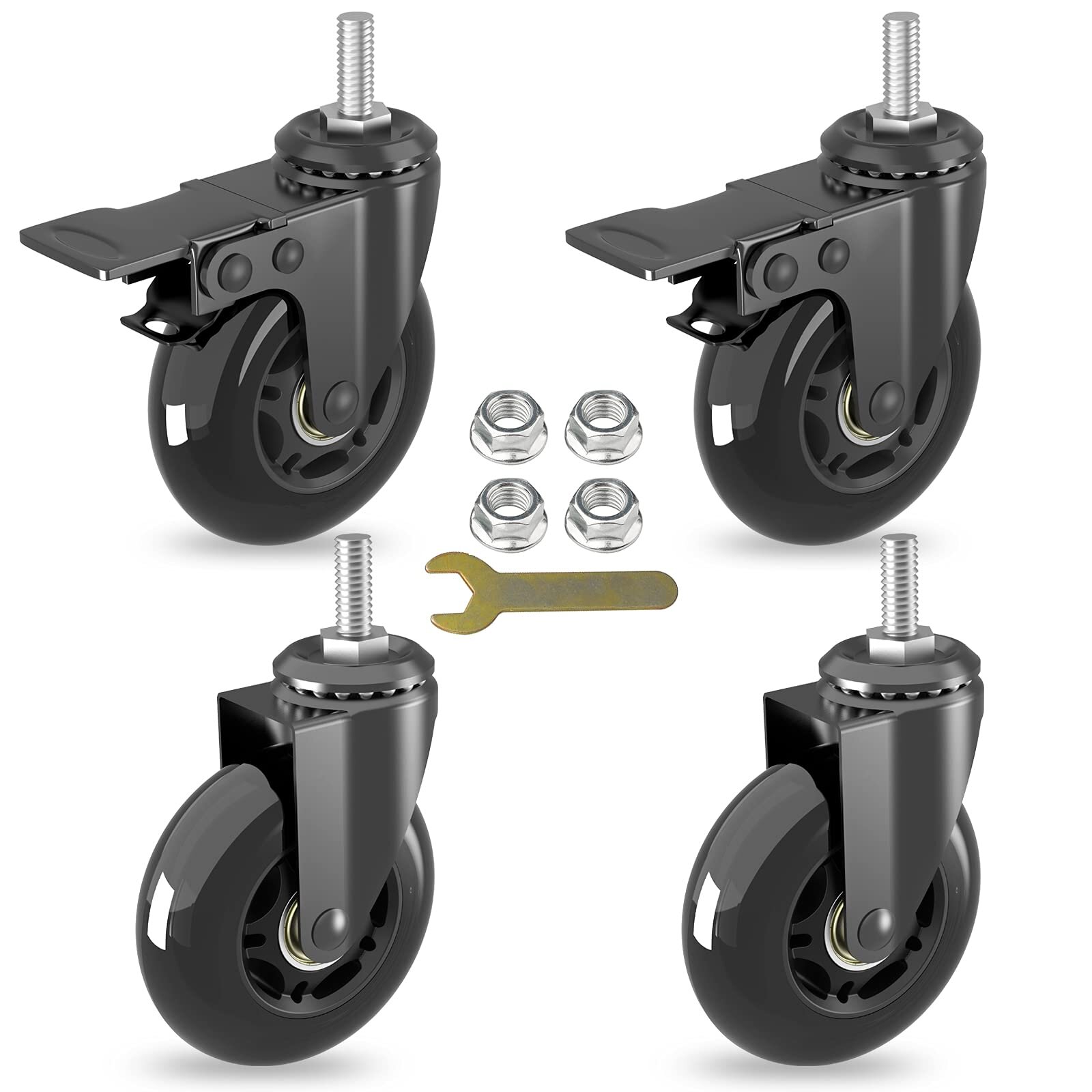 Heavy Duty Plate Casters 360 Degree PVC Swivel Castors Wheels -900 Capacity Set of 4 Safety Locking Brakes Caster Wheels with Screws 3 inch 