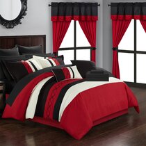 Luxurious Red White Taupe Embroiderey Comforter Curtain 24 pc Cal King Queen Set 