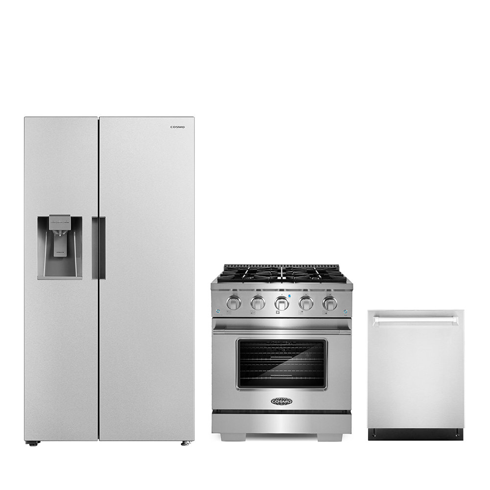 Cosmo 3 Piece Kitchen Appliance Package with Side By Side Refrigerator