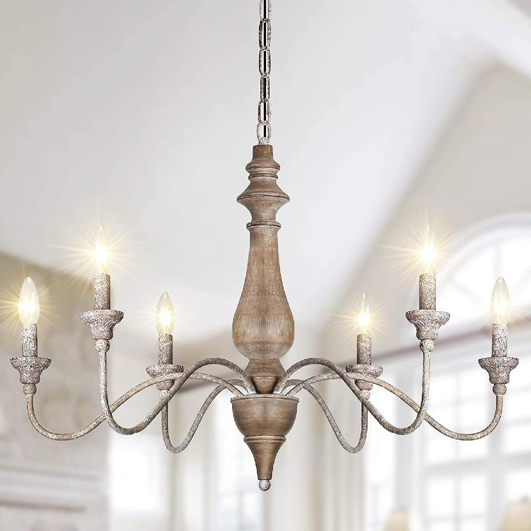 French Country Chandelier 6 Light Farmhouse Chandelier Rustic Candle Chandeliers With Imitation Wood Finish For Dining Room Living Room Bedroom ...