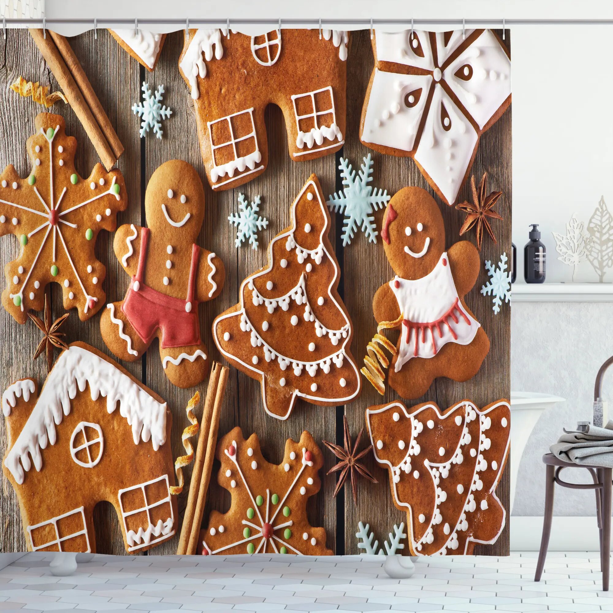 Gingerbread cookies and Christmas tree decor Shower Curtain Fabric & 12hooks 