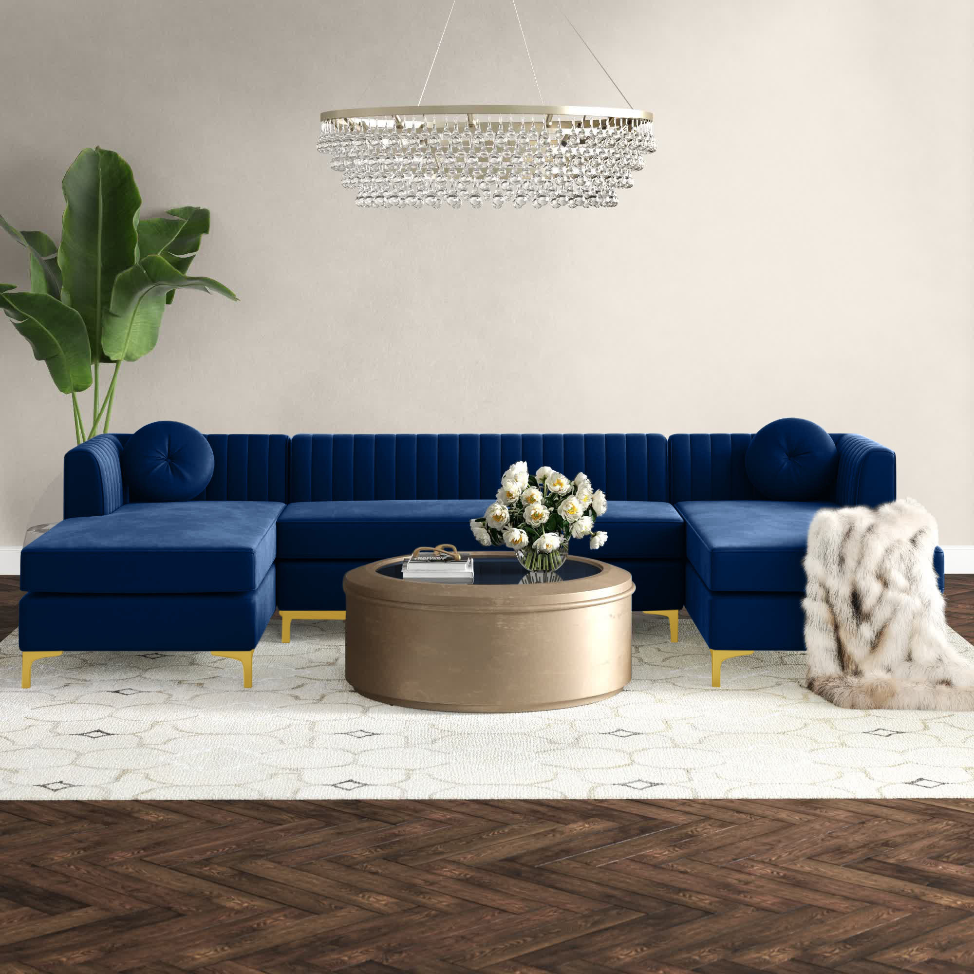 Shingleton 132″ Wide Velvet Symmetrical Modular Sofa & Chaise