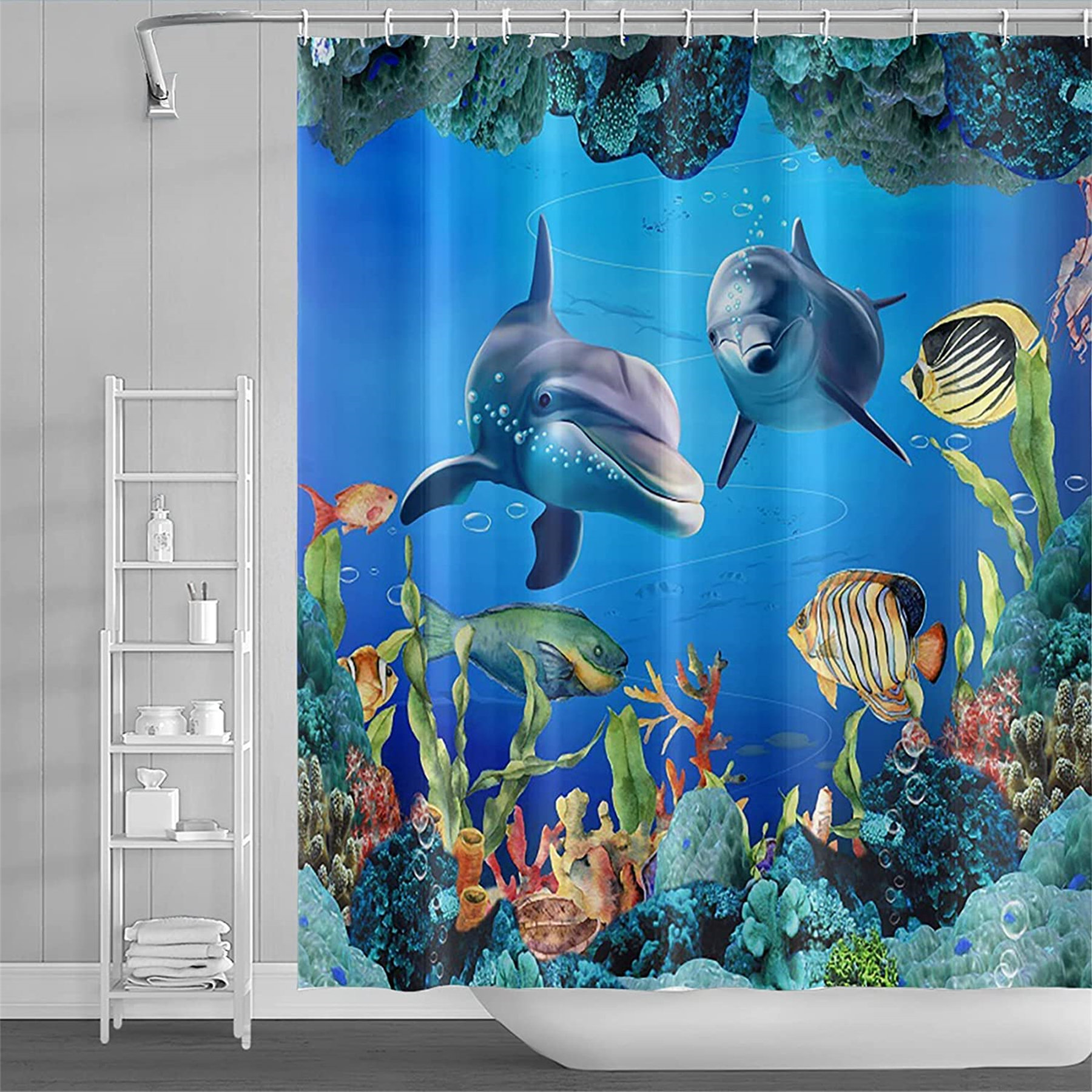 Details about   Bathroom Shower Curtain with Cute Dolphin Fish in the Blue Ocean Pattern 511 