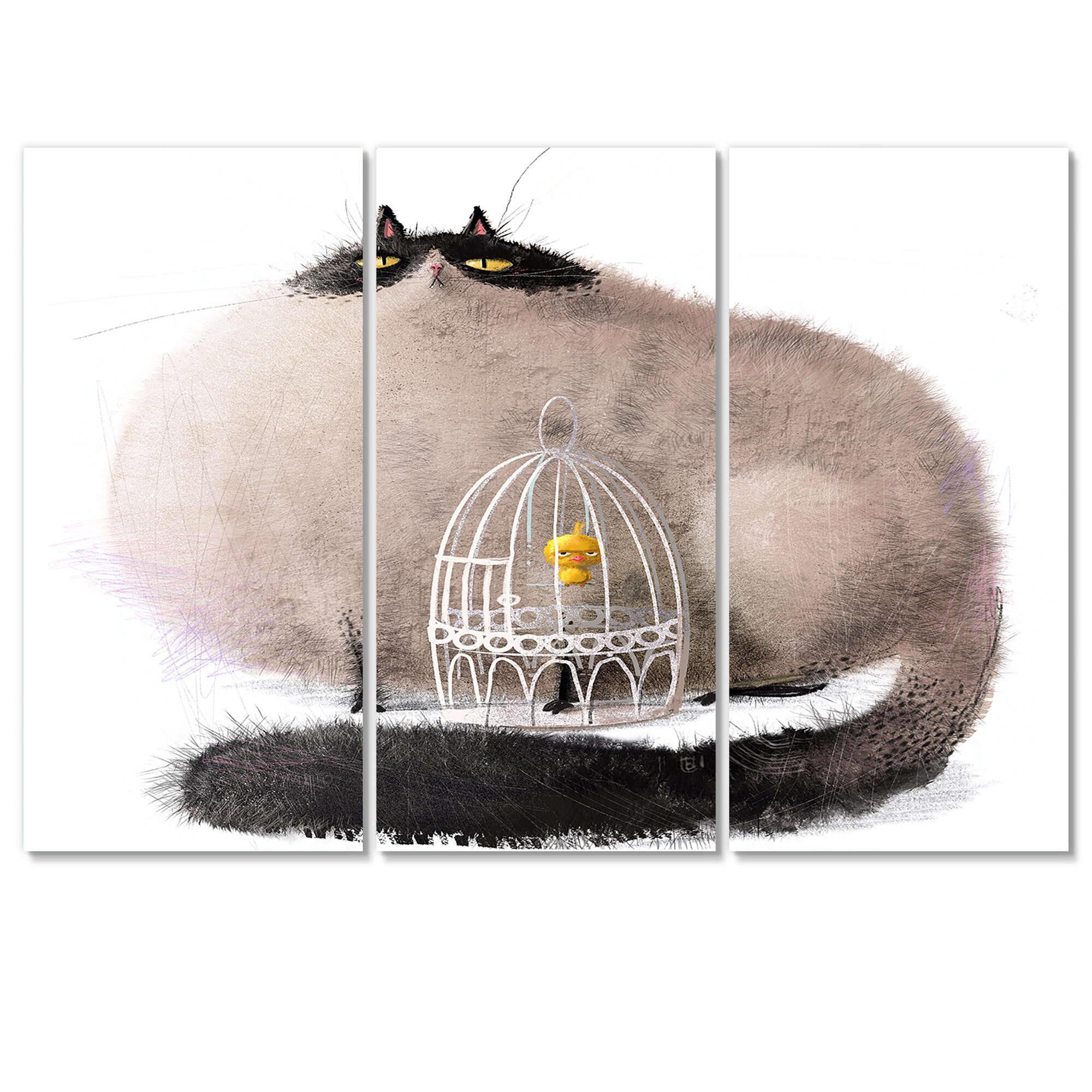 East Urban Home Cartoon Cat With Little Bird In A Cage - 3 Piece Wrapped  Canvas Painting | Wayfair