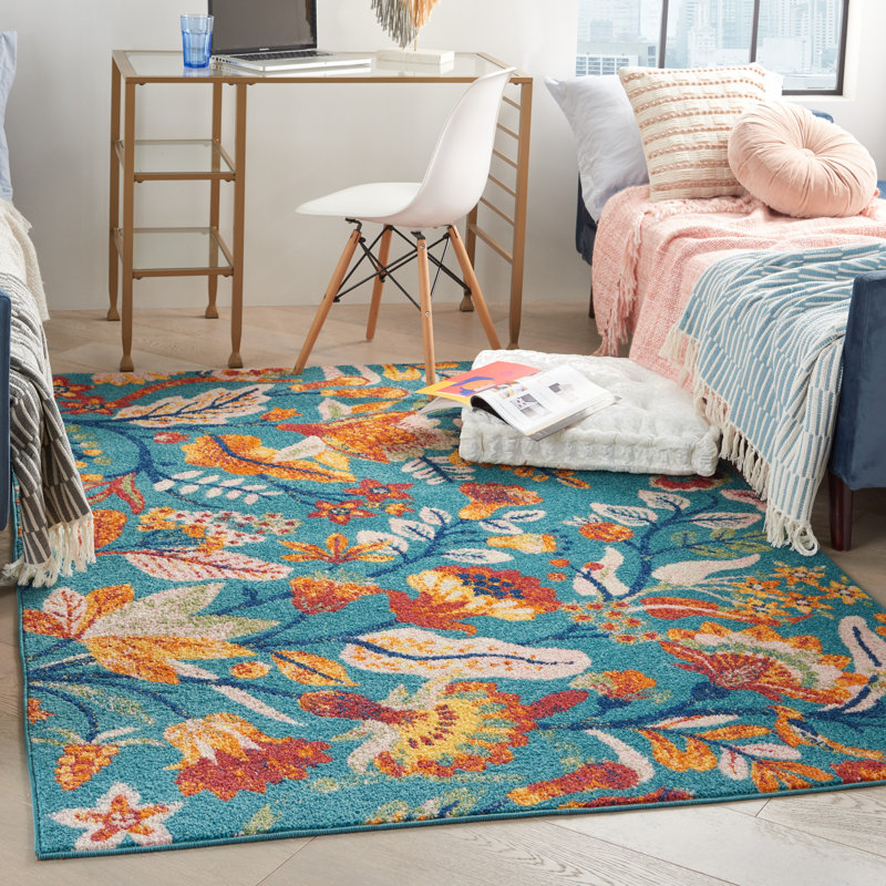 Bungalow Rose Performance Turquoise Blue/Orange/Red Rug & Reviews | Wayfair