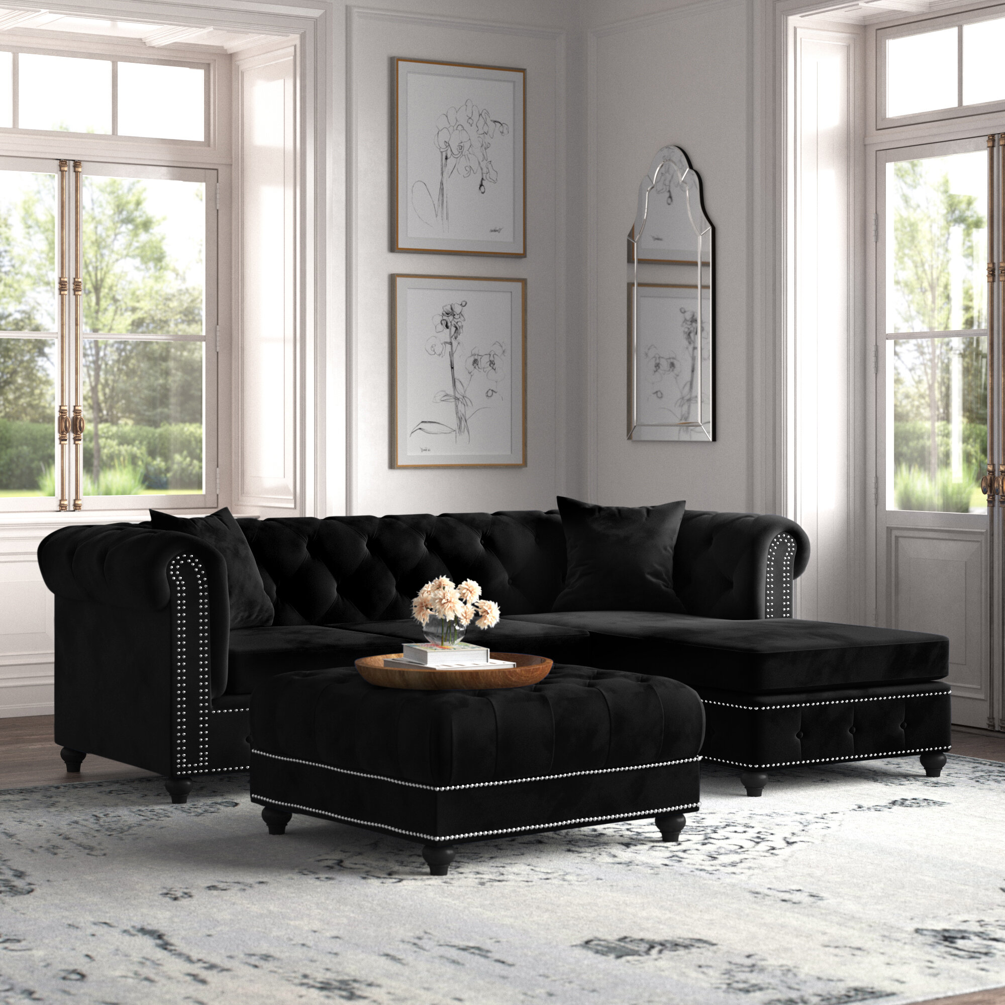 Harlow 96″ Wide Velvet Reversible Sofa & Chaise