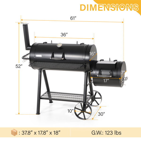 Alphamarts Free-standing 36” Barrel Charcoal Grill w/ Offset Smoker 941 ...