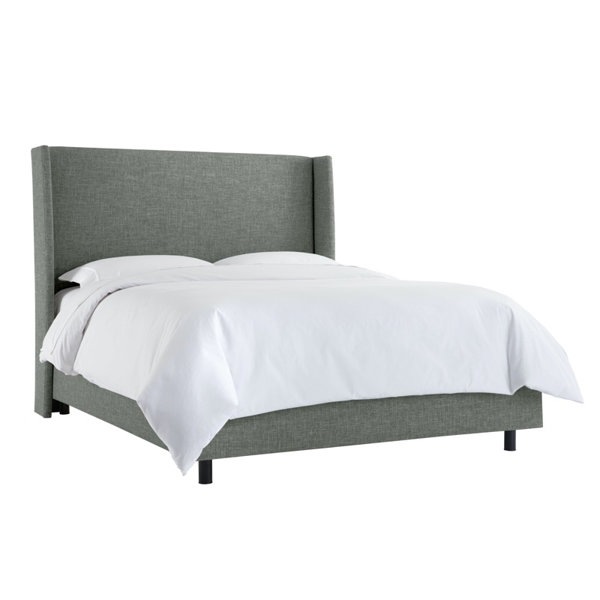Twin Size Platform Bed Frame Upholstered Gray Linen Headboard with Wood Slats 