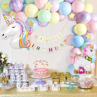 Huge 3D Unicorn Balloon Happy Birthday Balloon Banner Crown Cloud Star Foil Balloon and Macaron Party Balloons with DIY Unicorn Cake Toppers for Girl Boy AYUQI Unicorn Party Decorations 
