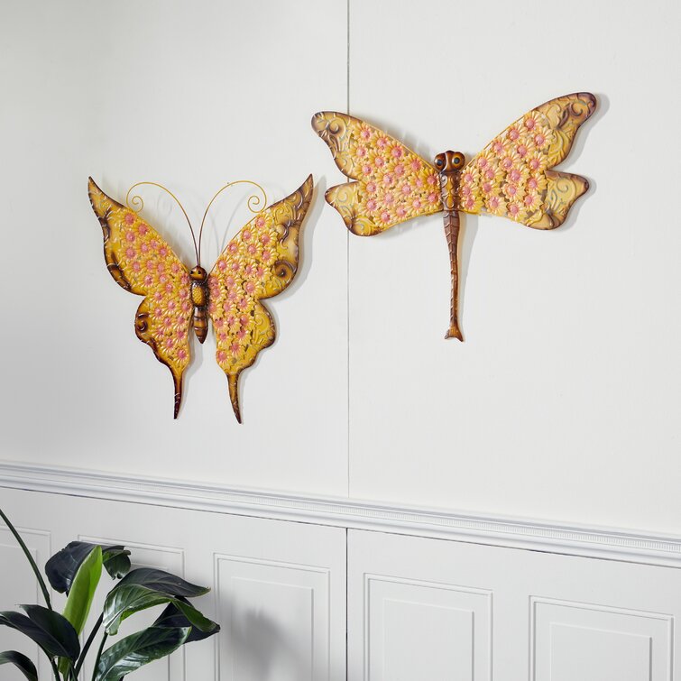 3D Wooden Fluttering Butterflies with Metal Wings Wall Accent Deocor Set of 2