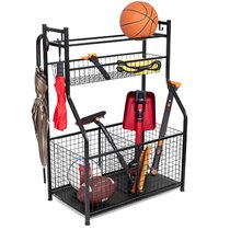 UHAPPYEE 3 Shelves Sports Equipment Storage Rack for Basketball/Football/Baseball Sport Equipment Organizer Garage Ball Storage with 2 PCS Single Ball Mesh Bag 