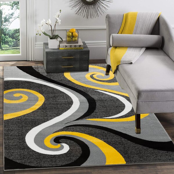 Grey Pink Yellow Rugs Swirl Modern Living Room Rug Large Contemporary Carpet Rug 