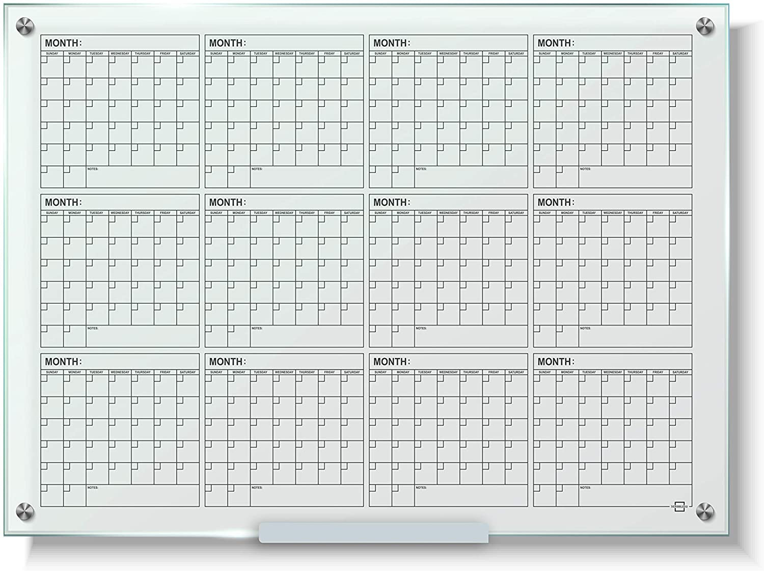 Scribbledo Whiteboard Calendar - Glass Board Yearly Calendar - 34" X 46" - Large  Wall Calendar - White Board Dry Erase Planner - Reusable Frameless Undated  Planner For Home, School, Office -
