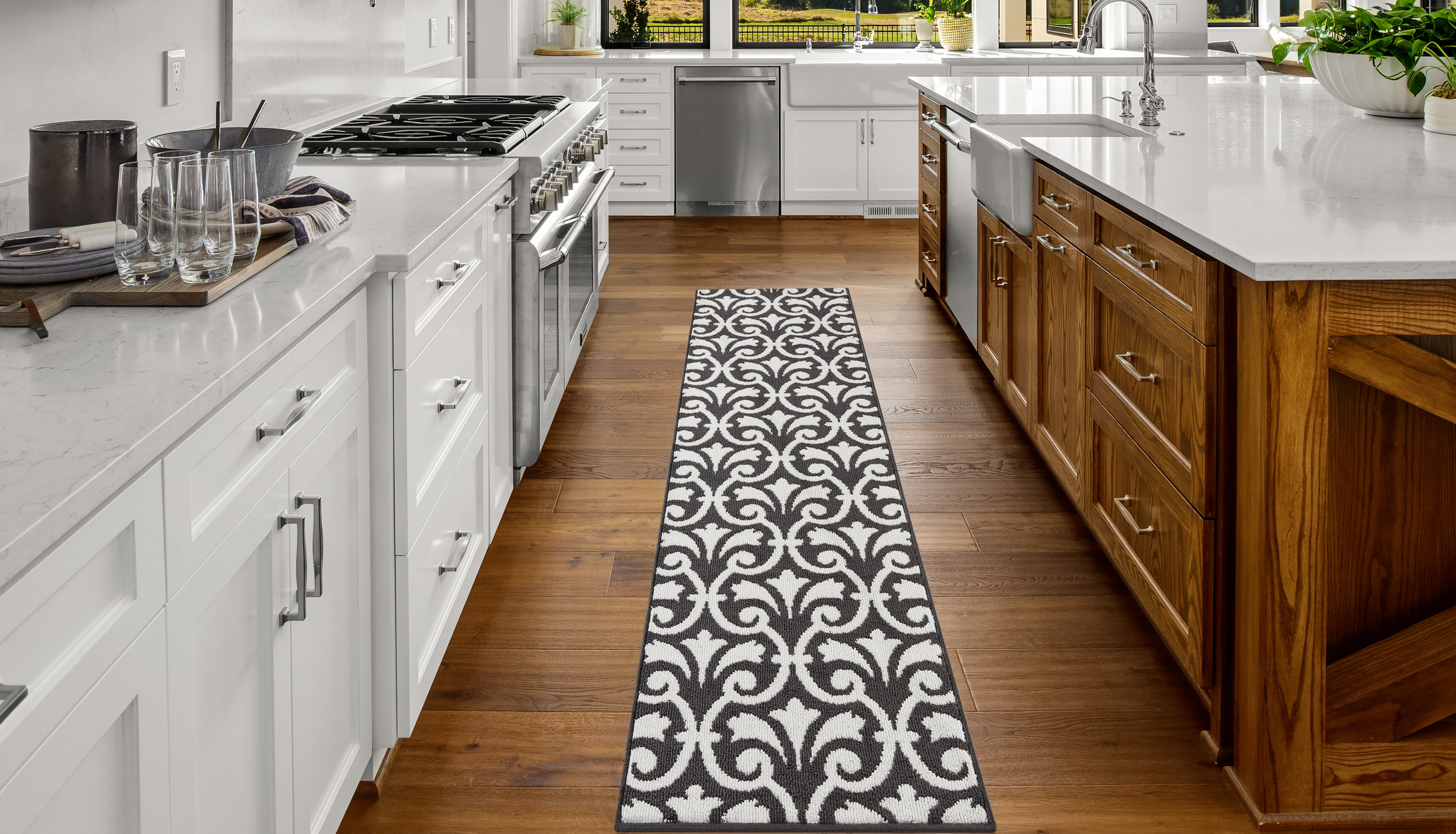 Jean Pierre Tufted Performance Floral Scroll Dark Gray/White Runner Rug