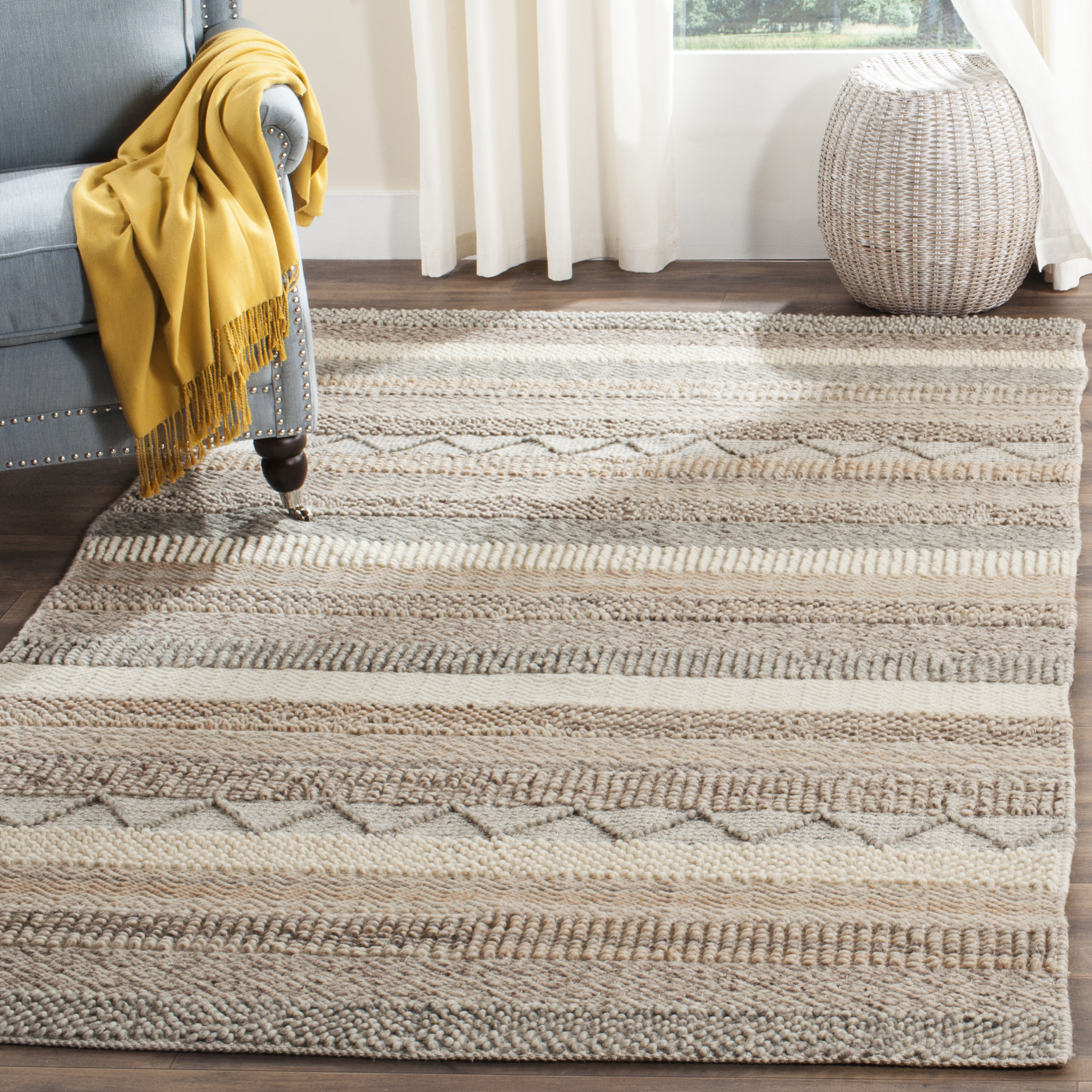 Rug Pale Natural Beige Off White Pin Stripe Soft Cotton Jute Yarn Indian Flat Weave Mat Hand Loomed Ethically Sourced 