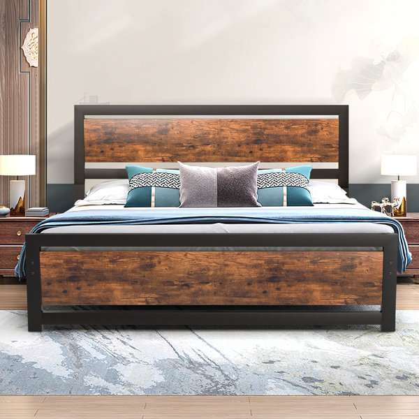 Inexpensive Industrial Metal Bed Frames Reference: 17 Stories Bed Frame With Wooden Headboard And Footboard Industrial