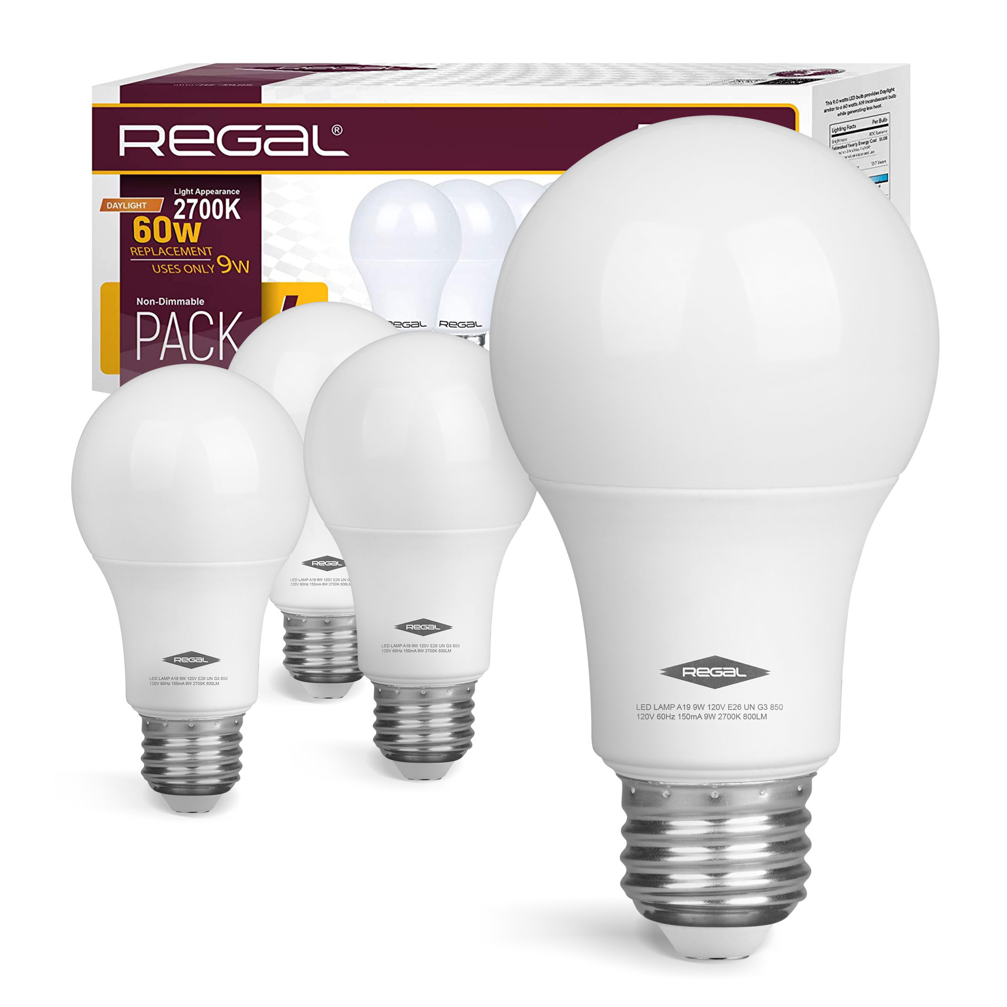 PACK OF 6 15000 Hours UL Listed Soft White E26 Base Equivalent to 60W 3000K 800 Lumens Non Dimmable 9W LED A19 Light Bulb 