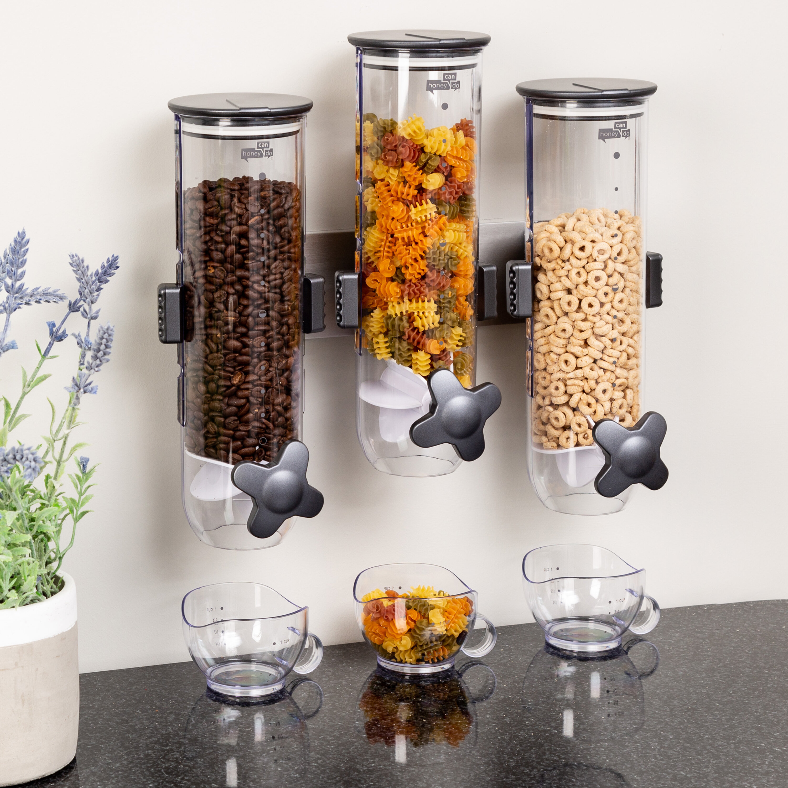 Kitchen Dry Food Storage Wall Mount Triple Canister Rice Snack Cereal Dispenser 
