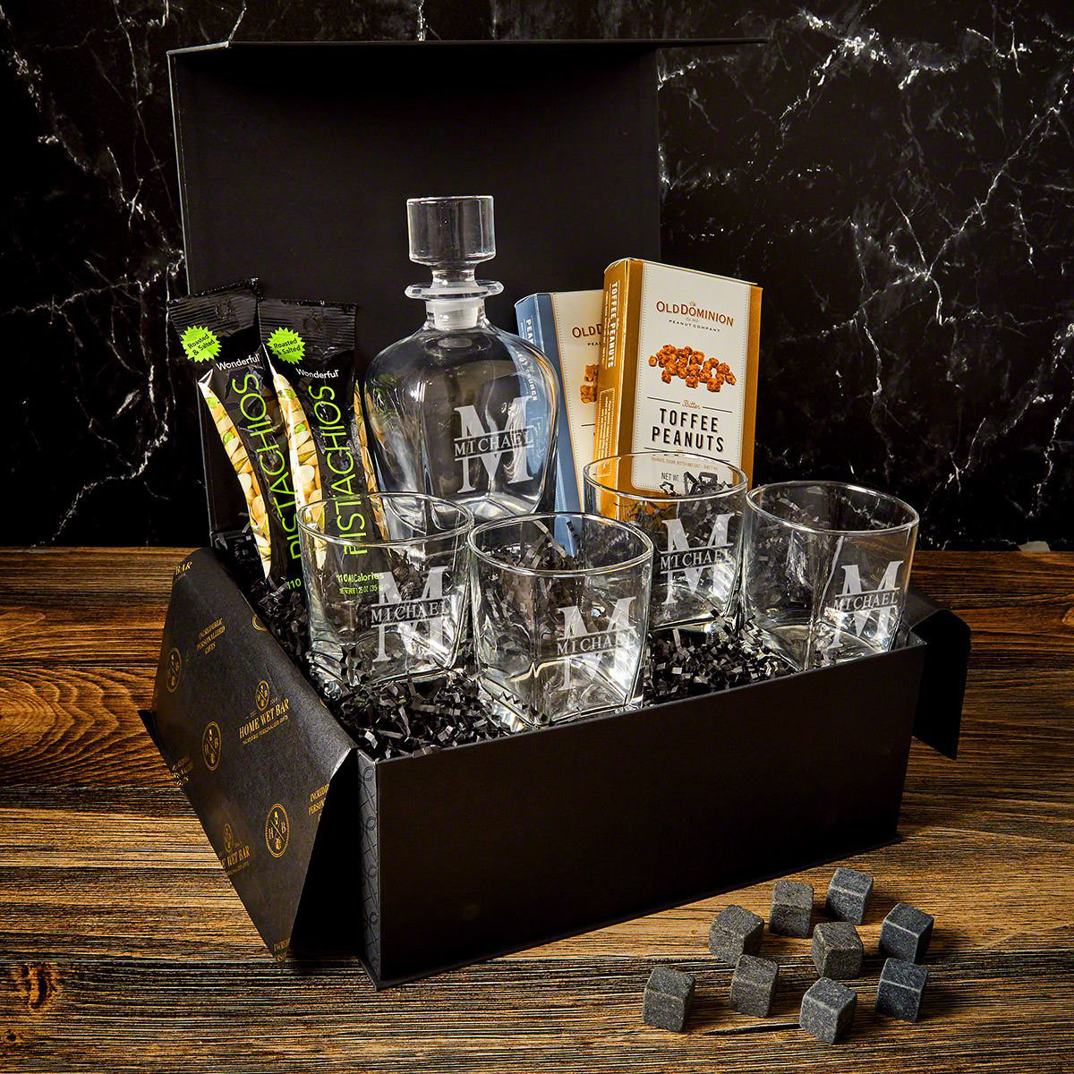 Home Wet Bar Oakmont Engraved Luxury 11 Pc Draper Whiskey Decanter Set