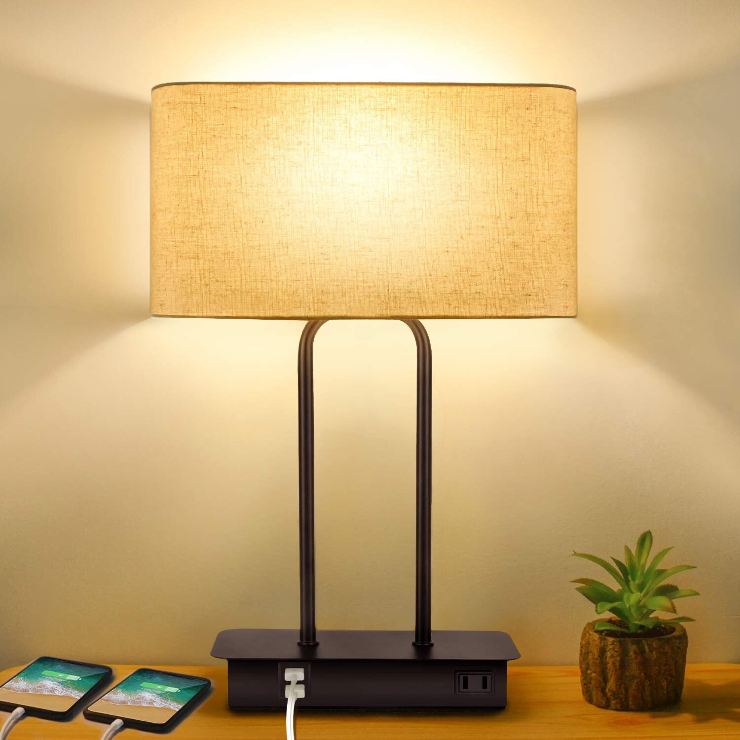 Table Lamp Metal nightstand Lamp with Fabric Shade Bedroom Lamp Bedside Lamp 