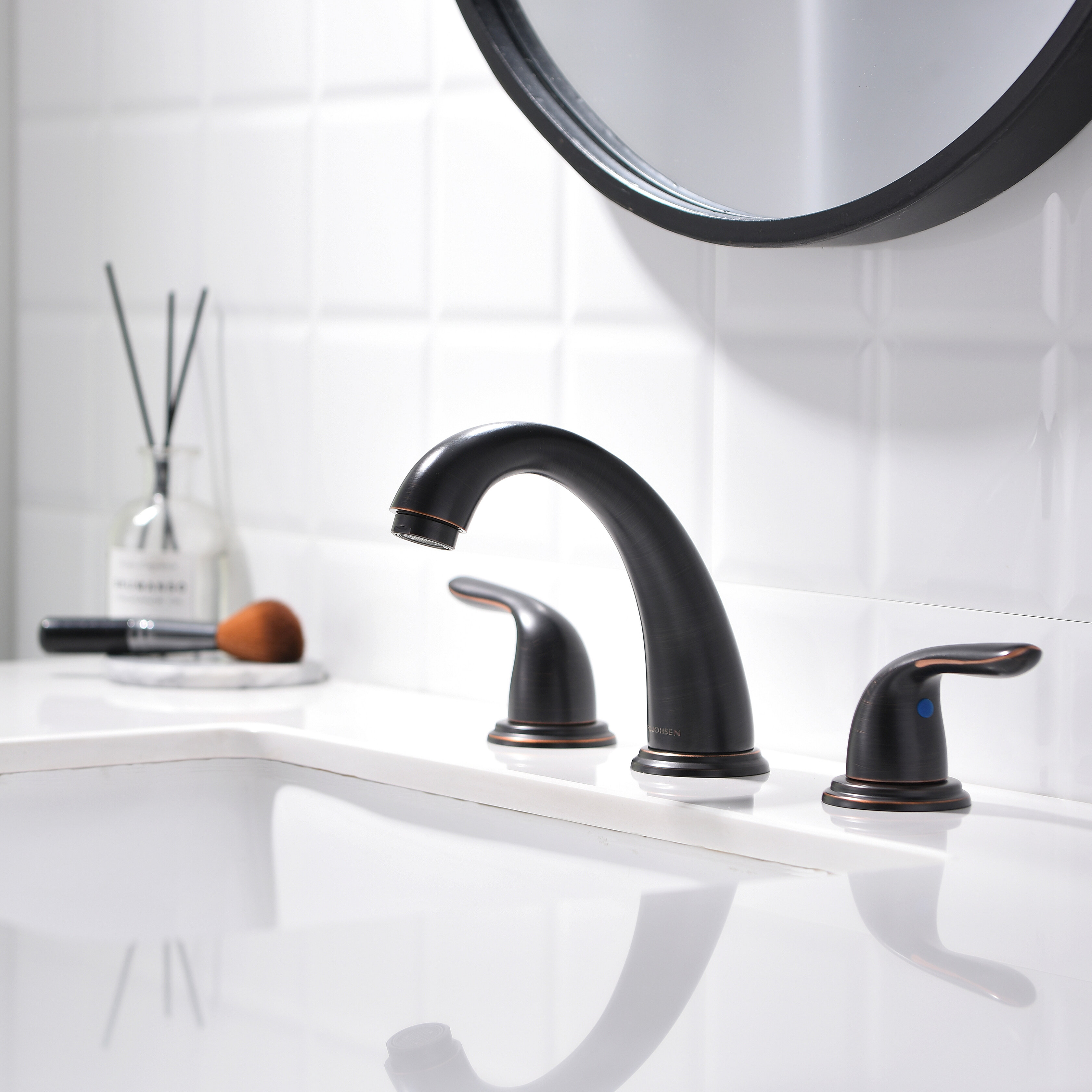 24" Ceramic Sink White Rectangle 3 Hole Bathroom Faucet Bronze W/ Drain Brass 