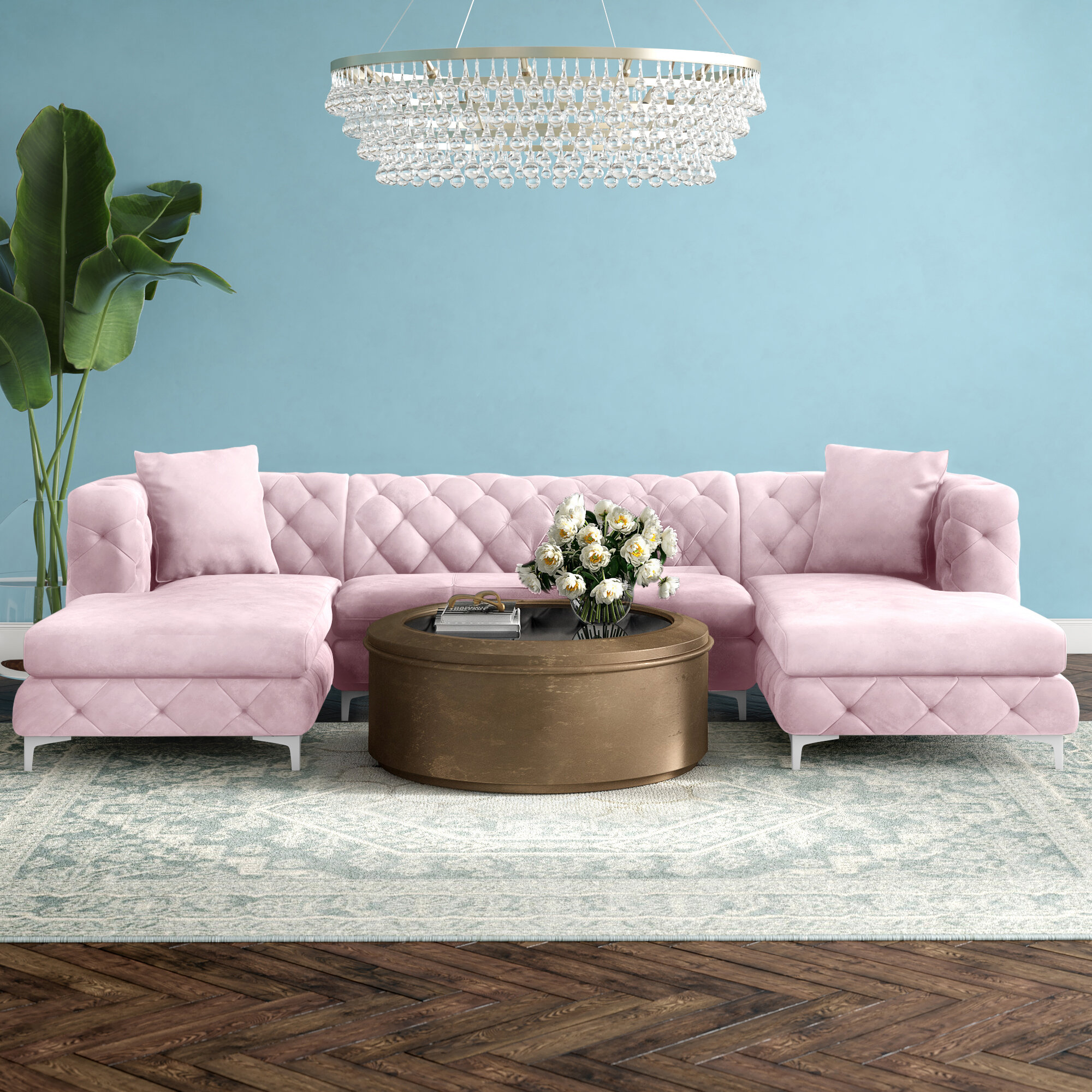 Miranda 127″ Wide Velvet Symmetrical Sofa & Chaise