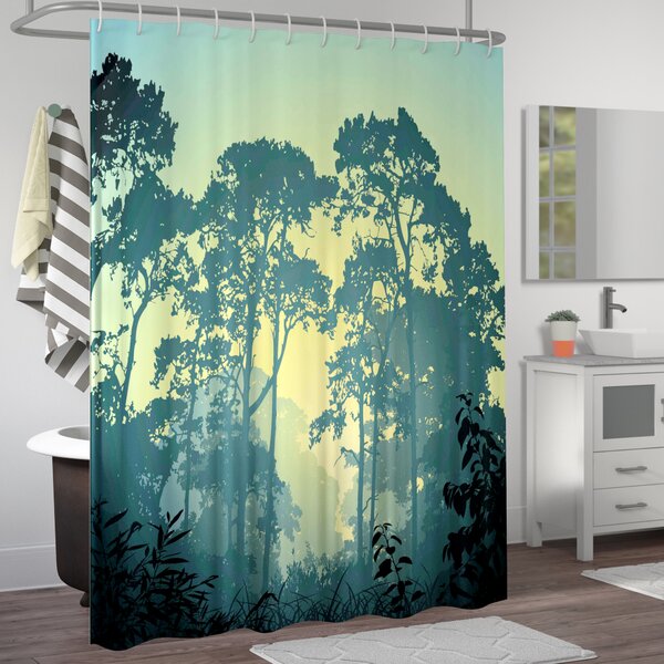Natural Scenery Green Forest At Dusk Custom Shower Curtain Set Polyester & Hooks 