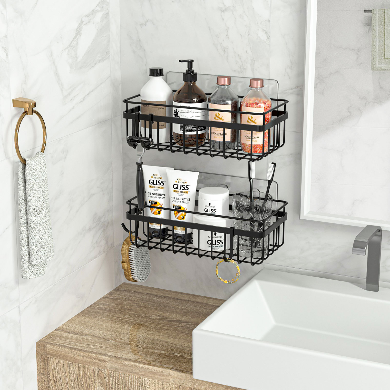 Rebrilliant Stainless Adhesive Shower Caddy with Hooks & Reviews Wayfair