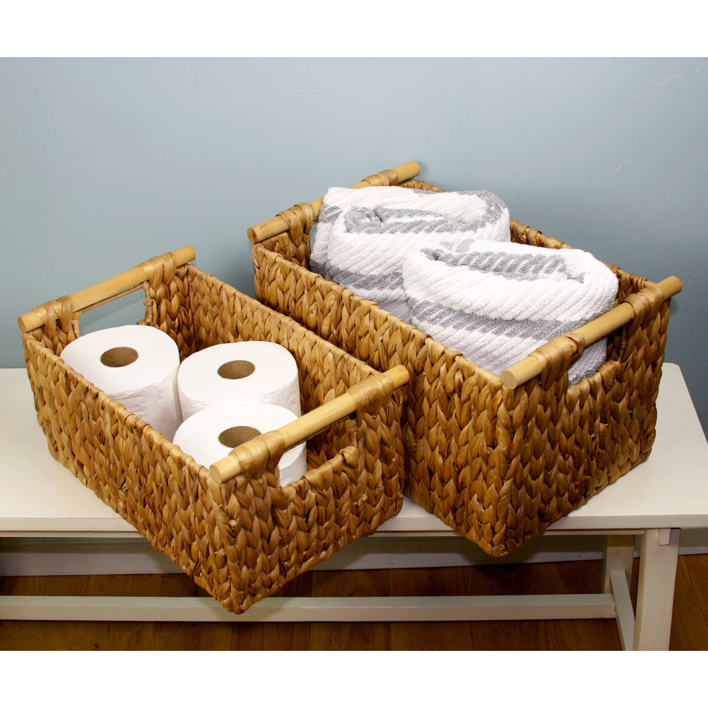 Rosecliff Heights Hyacinth Storage Wicker Basket With Wood Handles (set