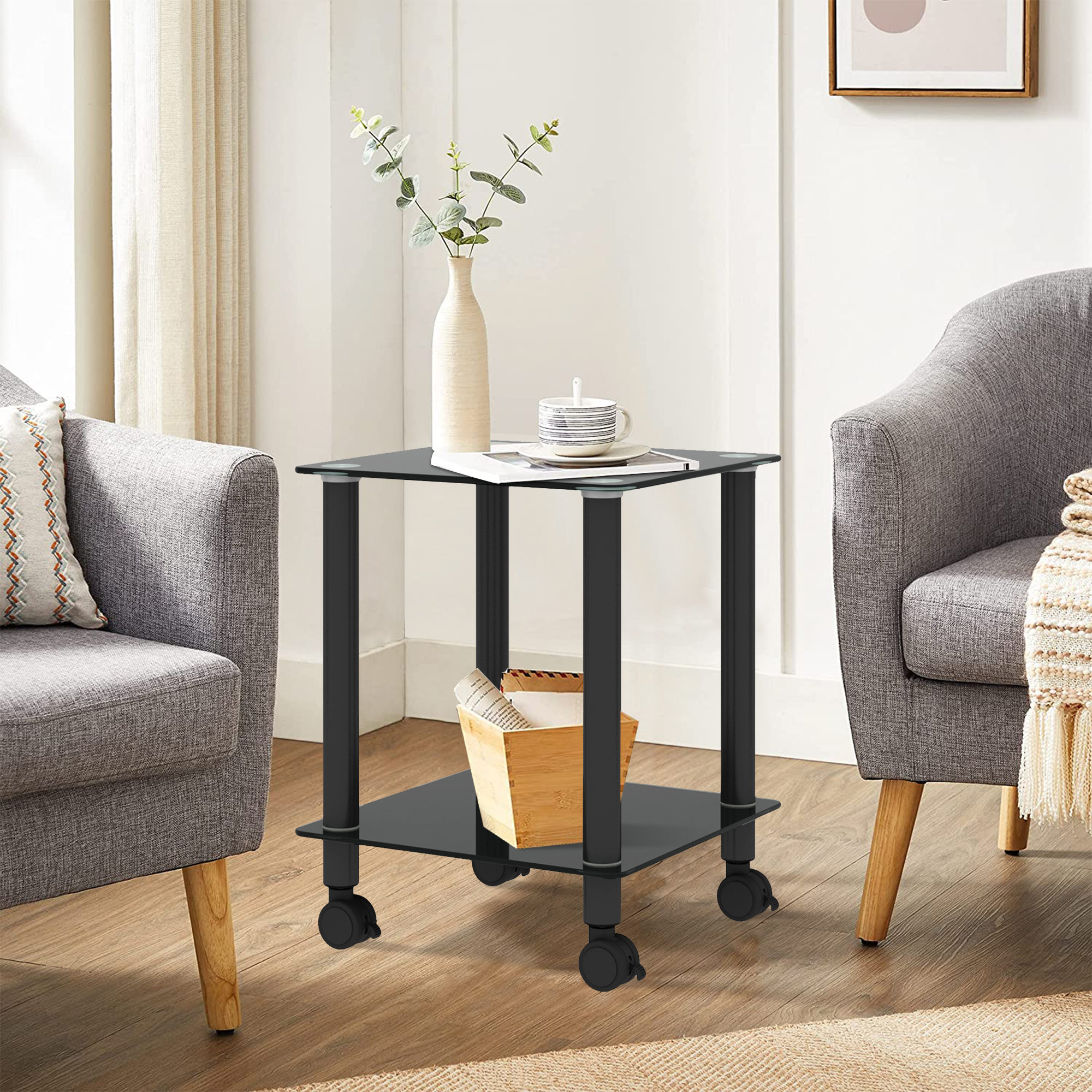 Ivy Bronx Arnolf 19.37'' Tall Glass Wheel End Table Wayfair