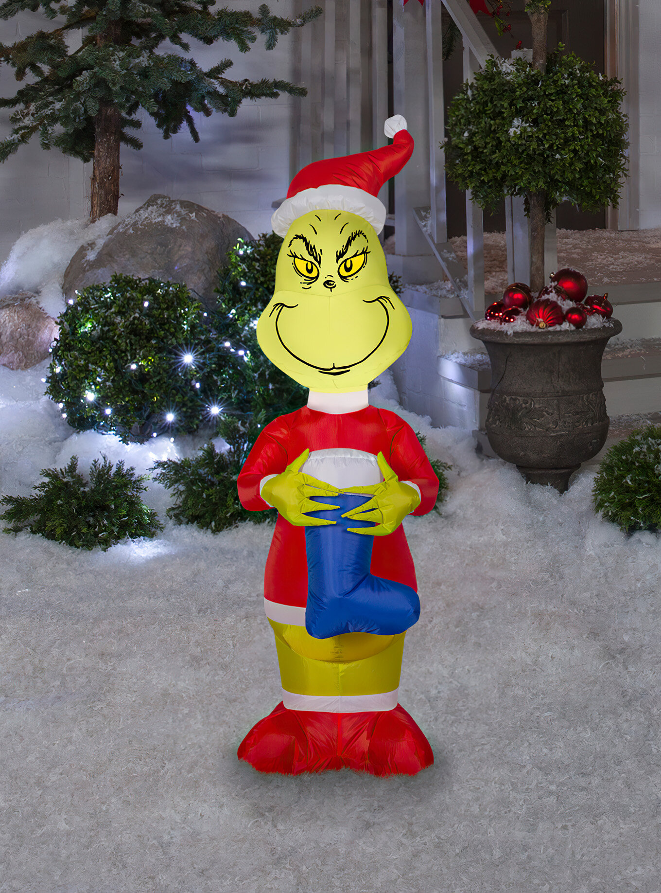 Gemmy Inflatable Grinch with Wreath in Santa Suit and Hat Indoor/Outdoor Holiday Decoration