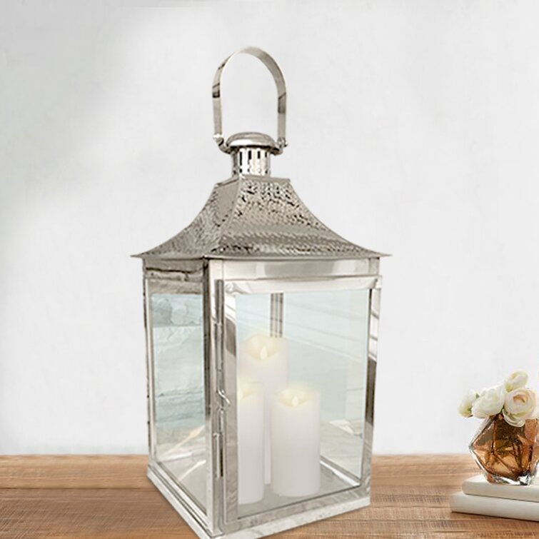 Modern Lantern Candle holder Made of Stainless Steel & Glass in Silver Height 19 cm 